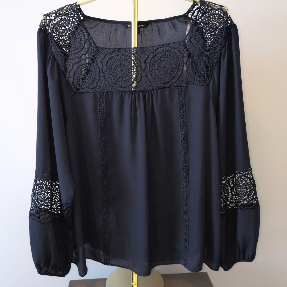 Zac & Rachel Blouse Women XL Navy Blue Crochet Lace Square Neck Boho Top